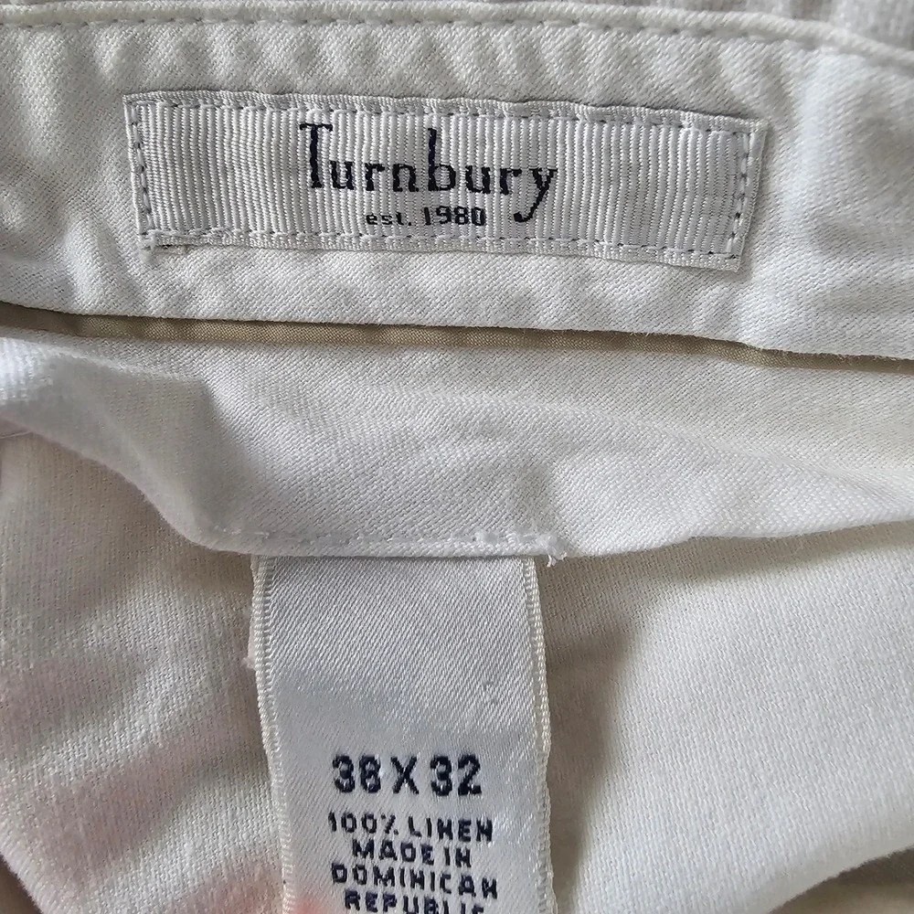 Turnbury Mens 38x32 Pleated Linen Pants Off White Cream Cuffed Straight Leg